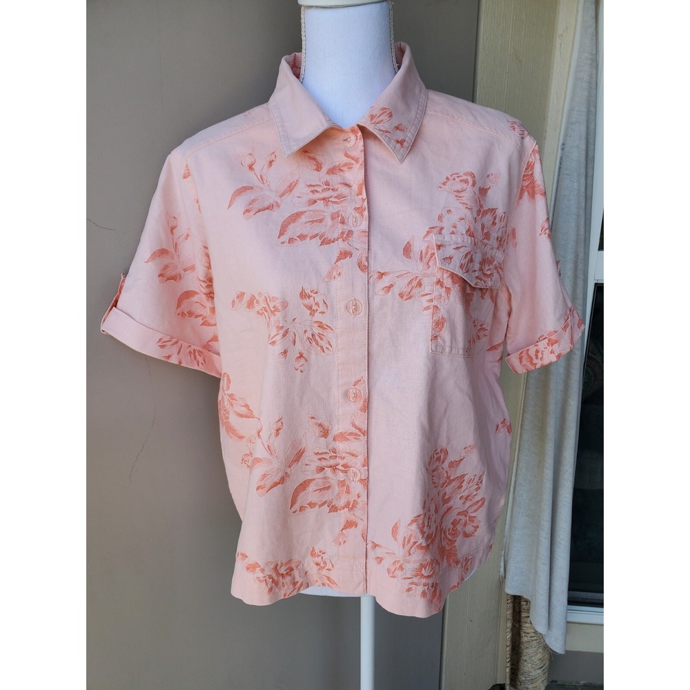 Allyson Whitmore Button Up Top Women Medium Pink Floral Linen Blend Short Sleeve